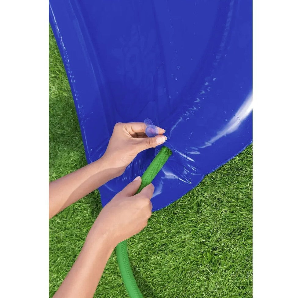 Set tobogan pentru apa dublu, Bestway, cu alunecare, 2 placi gonflabile, 488-138 cm, PVC, model spatial, mov/albastru Set tobogan pentru apa dublu, Bestway, cu alunecare, 2 placi gonflabile, 488-138 cm, PVC, model spatial, mov/albastru